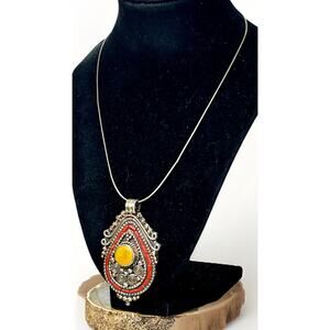 VTG Sterling Silver Natural Butterscotch Amber & Red Coral Pendant Necklace 45g